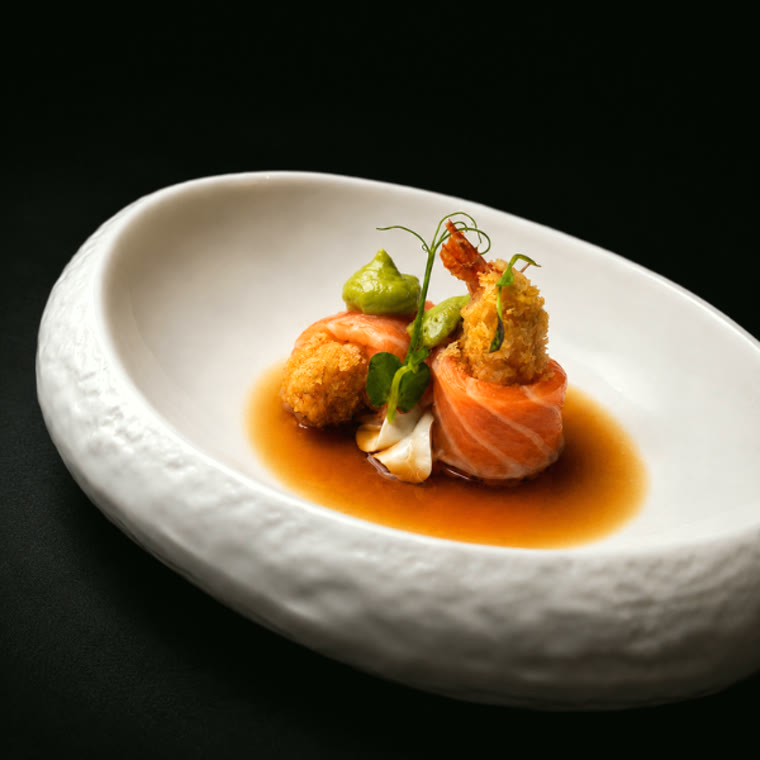 Sashimi de saumon, crevette tempura