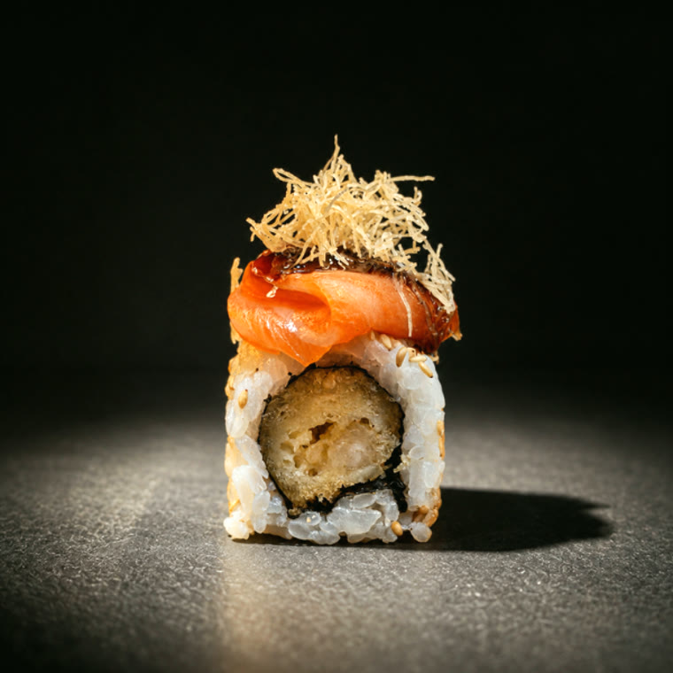 Maki crevette tempura, saumon & oignons frits