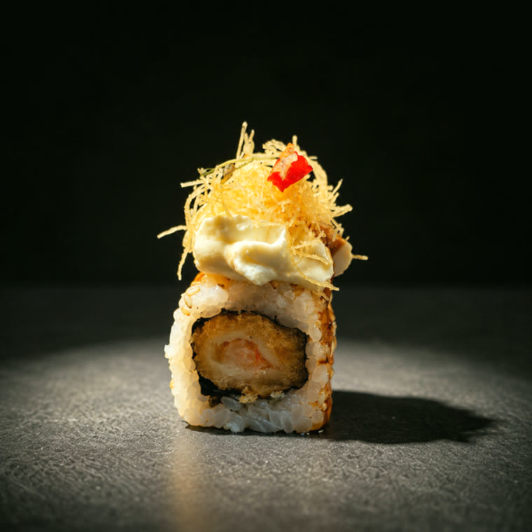 Maki crevette tempura, mayo & oignons frits