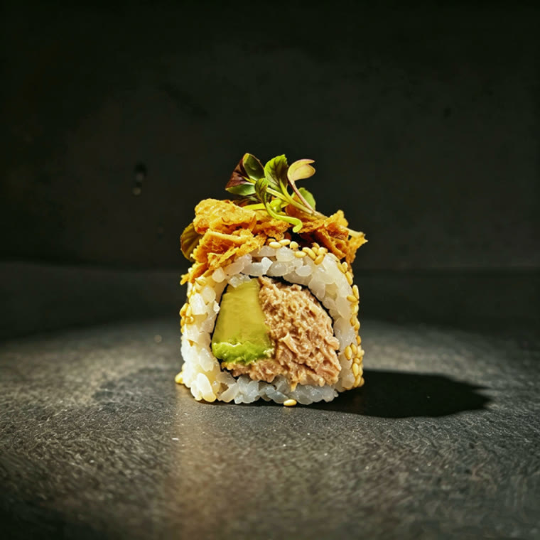 Maki avocat, thon & oignons frits